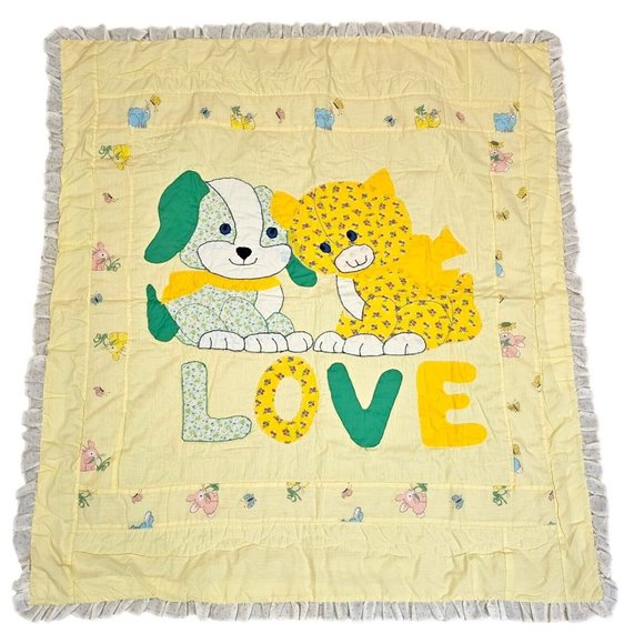 70s Retro Kitschy Dog Cat Yellow Baby Quilt Blanket Bunny Butterfly Ruffle Trim - Picture 1 of 11